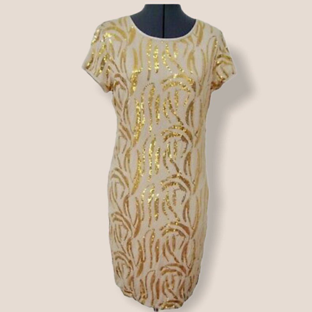 NWT Ellen Tracy T-Shirt Knit Dress, Gold Swirl Sequins, Scoop Neck, Short Sleeve